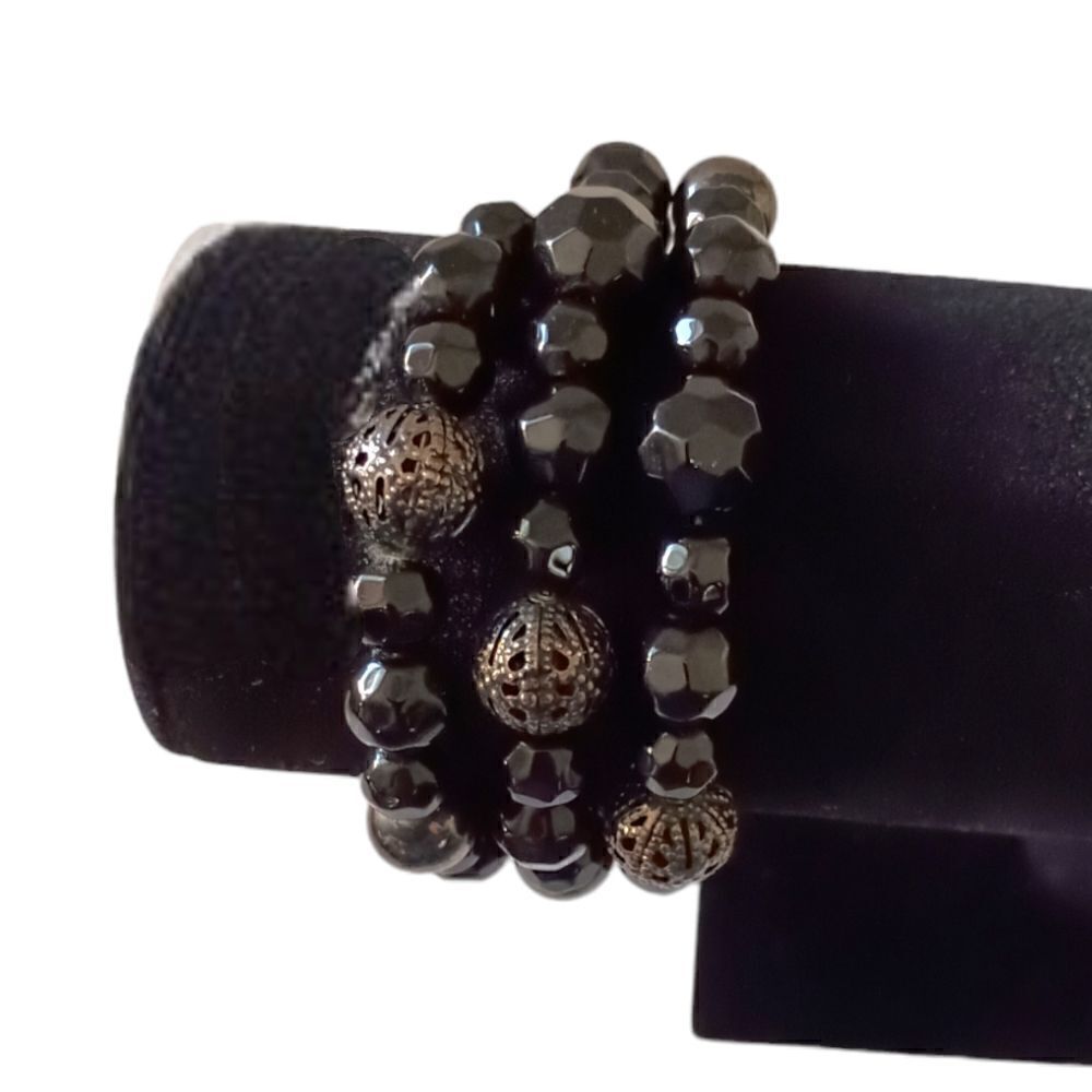 Black Glass Beaded Memory‎ Wire Wrap Bracelet Multi Strand Stretch Boho Gothic
